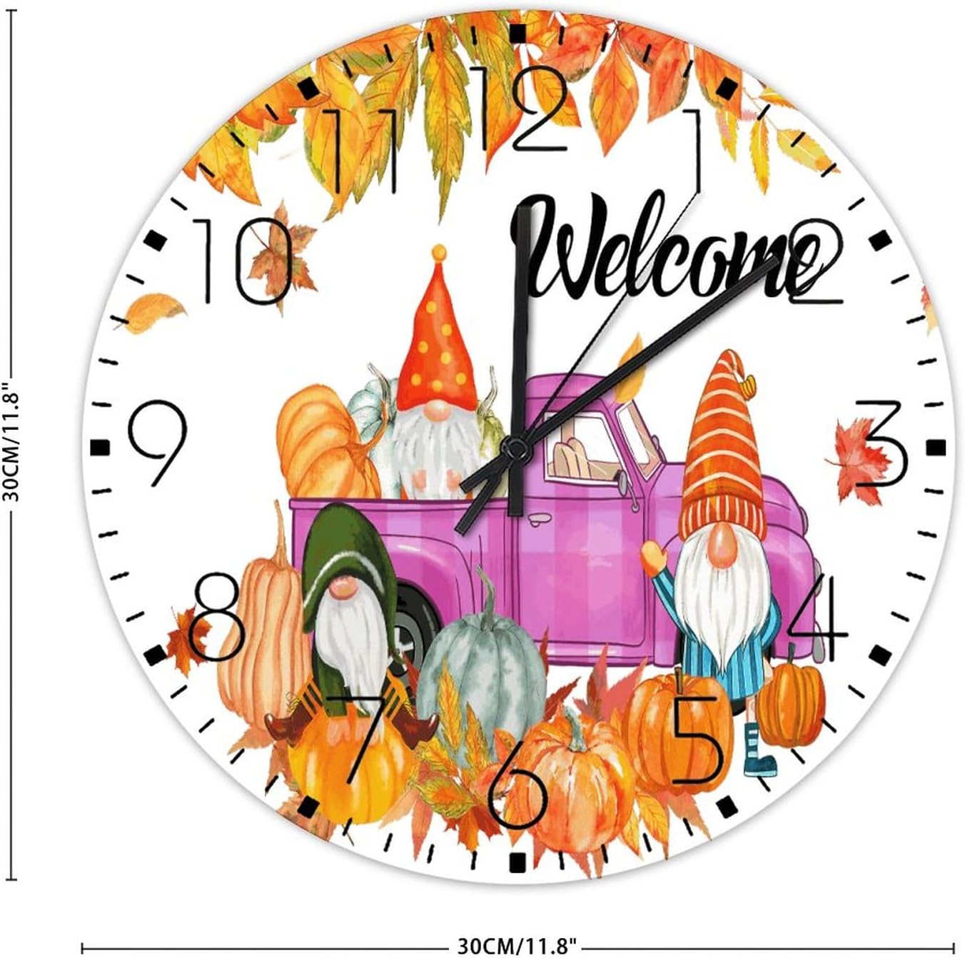 Silent Wall Clock Analog Round Non-Ticking Seasonal Welcome Fall Country Wall Clocks Maple Leaves Pumpkins Truck Wall Decor for Yoga Room Bathroom Indoor 12 Inch