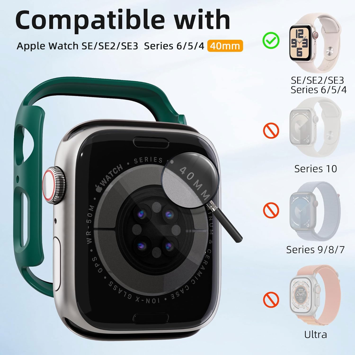 2 Pack [NO Screen Protector] Bumper Case for Apple Watch SE 3 (2025)/ SE2/ SE/Series 6/5/4 40mm, Slim Thin Shockproof Bumper Cover, Hard PC Protective Frame All-Around Edge, Green image 5