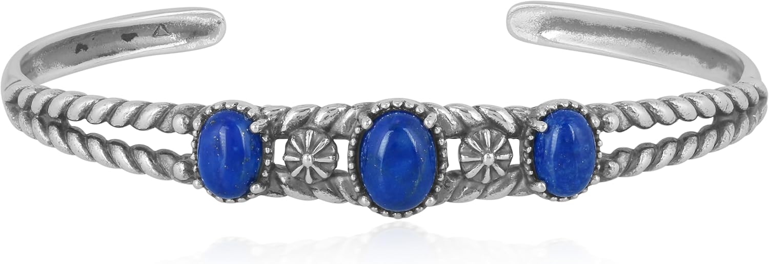 American West Jewelry Sterling Silver Genuine Gemstone 3 Stone Cuff Bracelet Sizes Small - Large