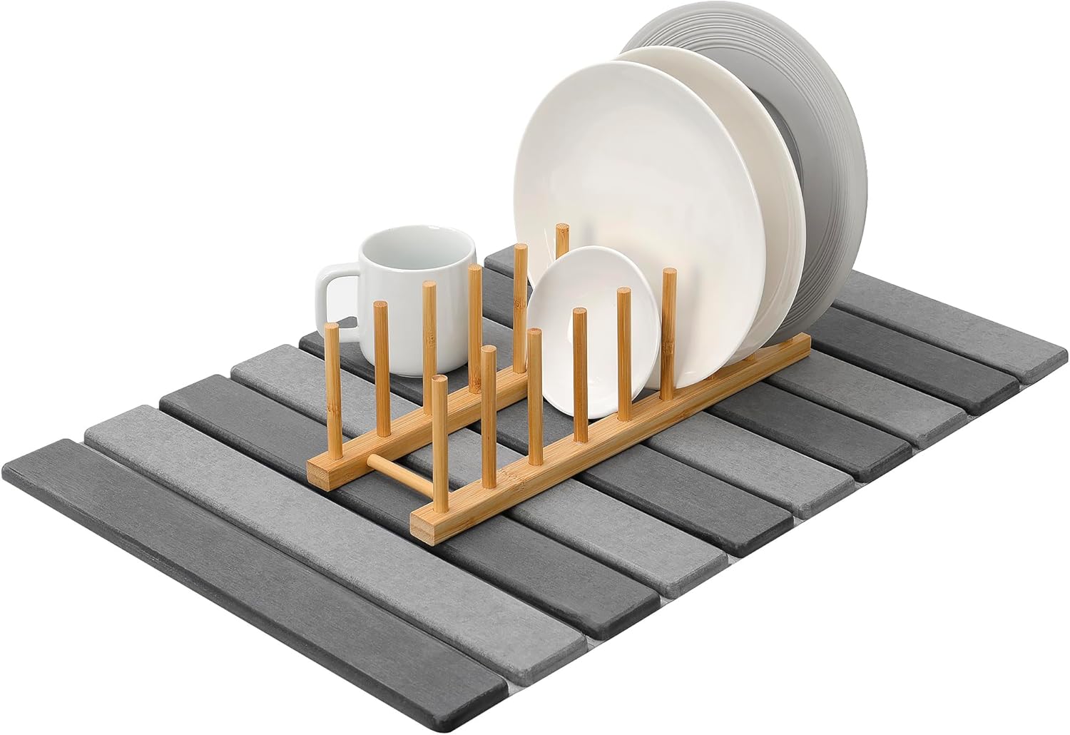 MHM Stone Dish Drying Mat – Volcanic Diatomaceous Earth from Changbai Mountains – Fast-Absorbing, Heat Resistant, Bamboo Rack Included – Eco-Friendly, Minimal Kitchen Drying Mat (Biege)