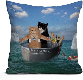 Tomda Funny Cats Cushion Cover The Two Brave Cats are Drifting in The Steel Cotton Linen Decorative Pillow Case Throw Pillow Cover Home Sofa Decor 45x45cm 18x18 Inch Pillow Cover