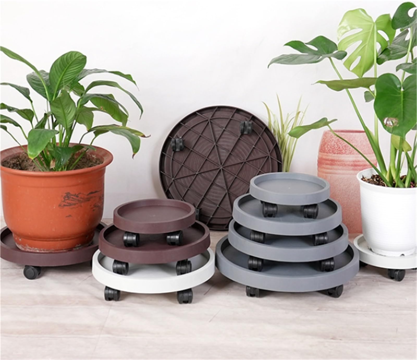 Chariot rond à roulettes verrouillables en plastique blanc de 36 cm pour pots de fleurs d'intérieur et de plantes