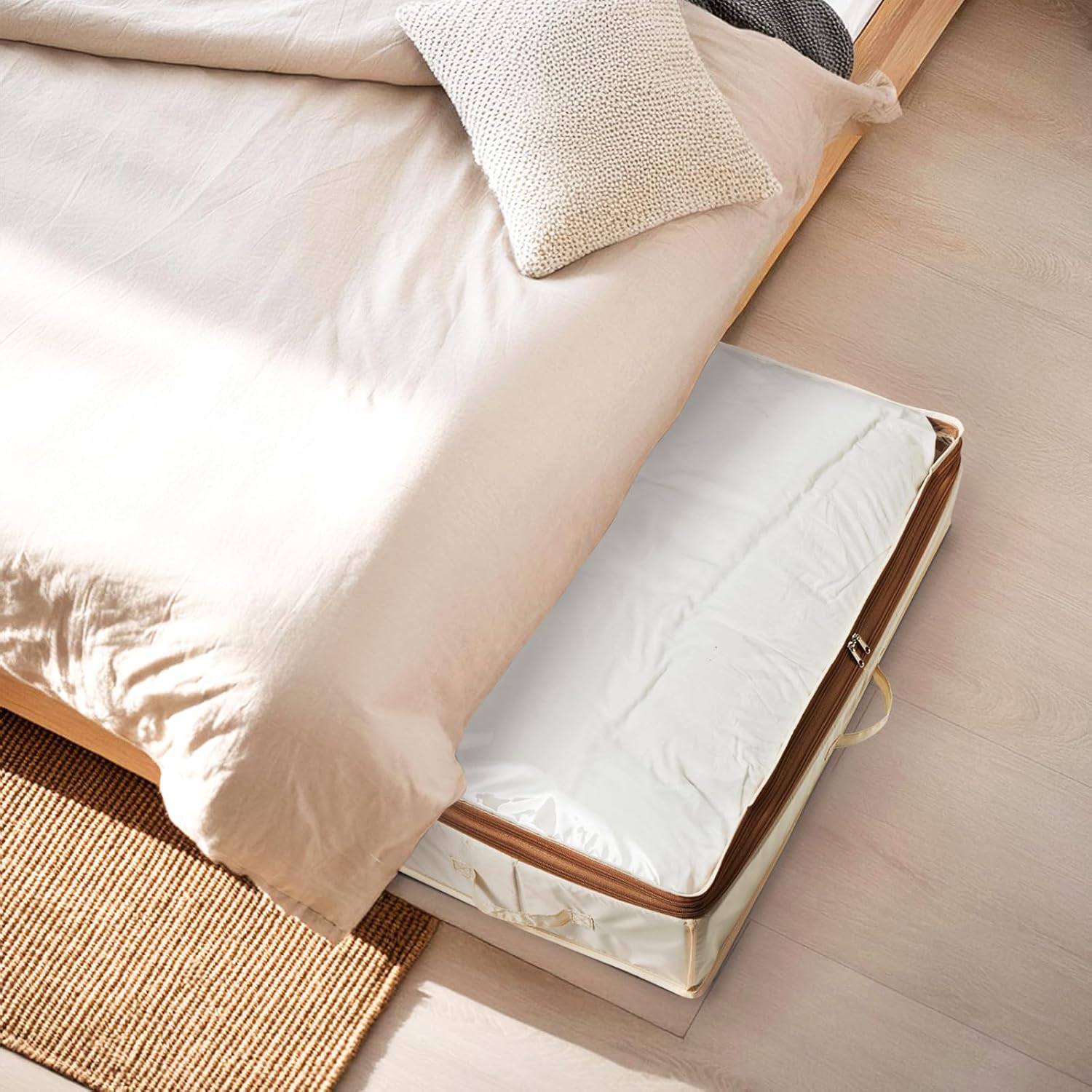 Under Bed Storage Container with Double Zippers, Foldable Oxford Fabric Organizer with Clear Top, Hard-Sided, Compressible Clothes & Blanket Bin, 32x16x11.4 Inch (4 Pack, Beige)