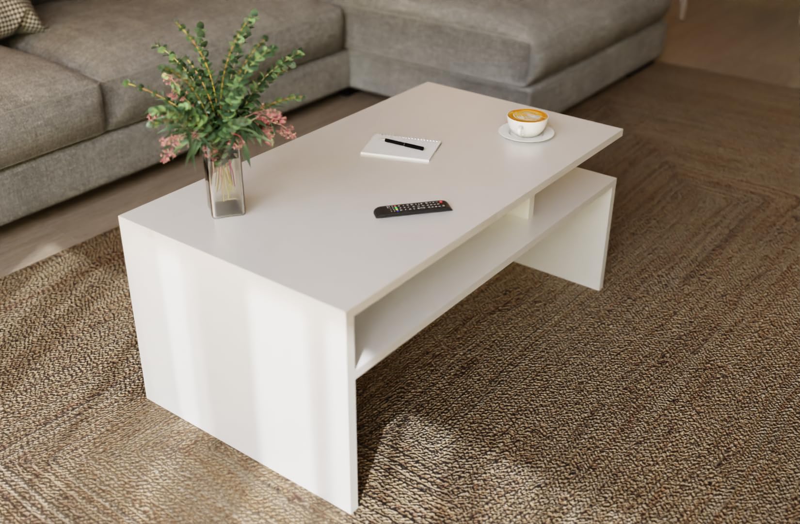 MeblePitus Couchtisch ST-4 Weiß – Moderner rechteckiger Wohnzimmertisch 90×50×45 cm im skandinavischen Stil – Sofatisch mit Ablagefach, robust & pflegeleicht