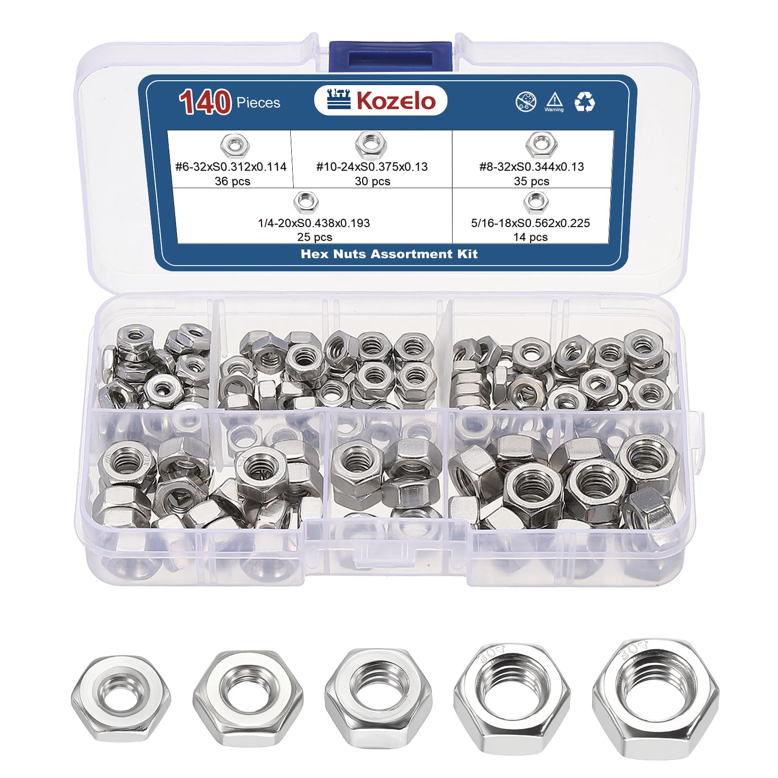 Kozelo 140pcs Hex Nuts Assortment Kit - [#6-32#8-32#10-24 1/4"-20 5/16"-18] 304 Stainless Steel 18-8 (A2-70) Hardware Nuts Set for Mechanical Repair & Assembly, Silver — image 1