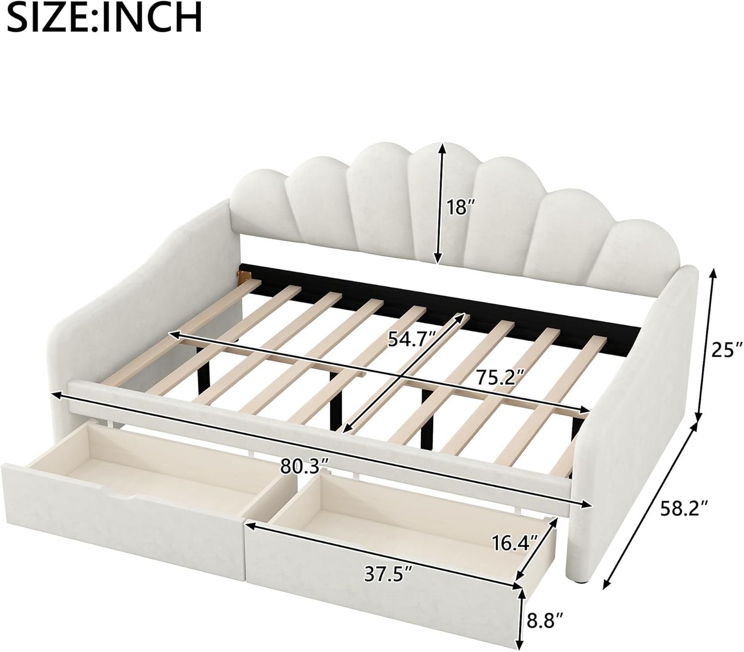 Bellemave Full Size Upholstered Daybed Frame with Shall Shaped Backrest & 2 Drawers, Velvet Fabric, Sturdy Pine Wood Legs, for Bedroom/Guest Room, Beige