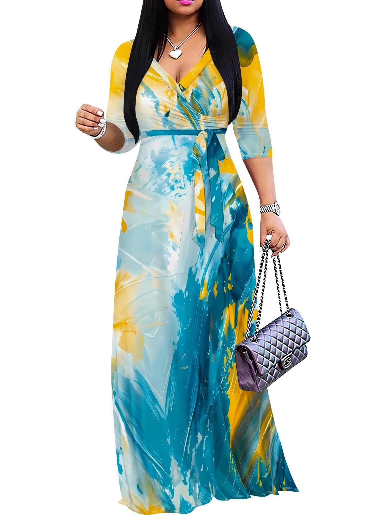 PinkPatty Women's Plus Size Maxi Dresses Casual Flowy 3/4 Sleeves Dress Printed Vacation Dress for Daily Wear with Belt