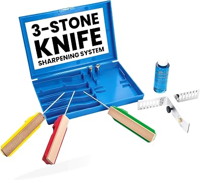 Gatco Edgemate 3-Stone Adjustable Knife Sharpening System with Clamp Professional Sharpener Kit for Kitchen, Utility and Outdoor Knives Coarse, Medium, Fine Hones with Storage Case and Honing Oil