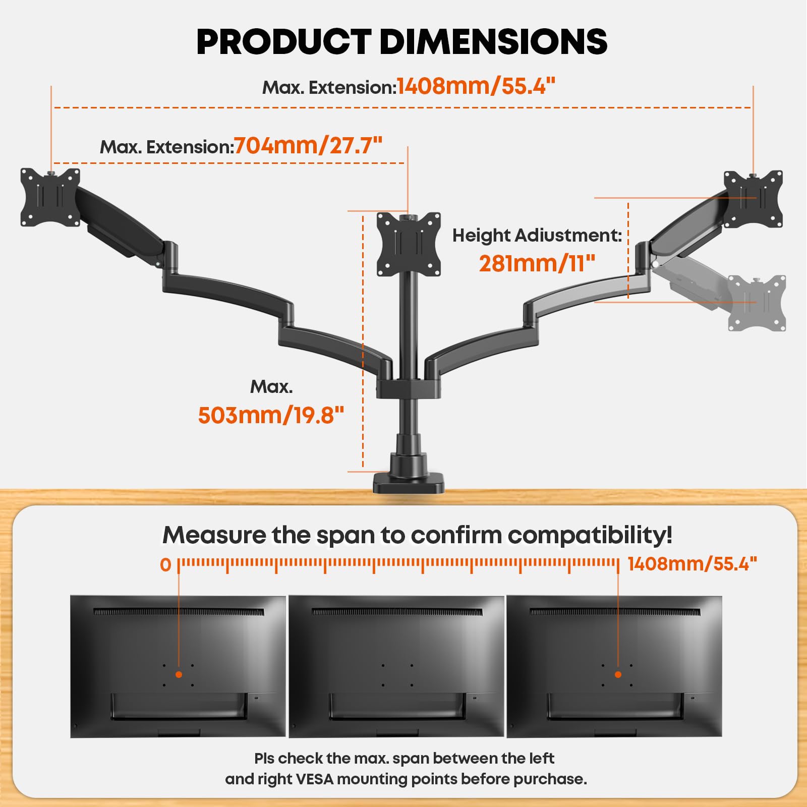PUTORSEN Support pour 3 écrans 17-32 Pouces, Charge 10 kg par Bras, VESA 75/100 mm