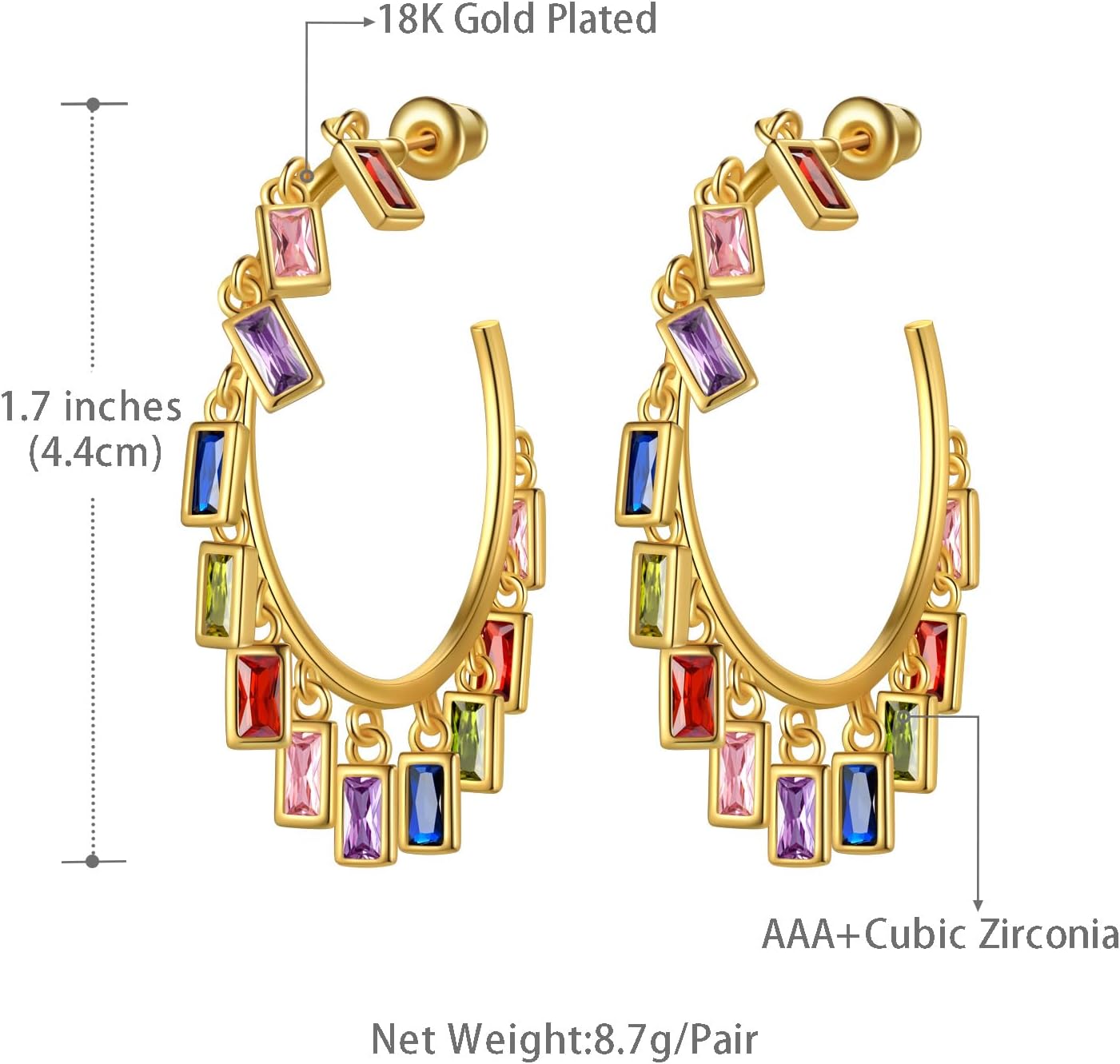 beautlace Colored Zircon Geometric Drip tassel Stud Earrings 18K Gold Plated Round Hoop with Colorful Zirconia Jewelry for Women - Image 6