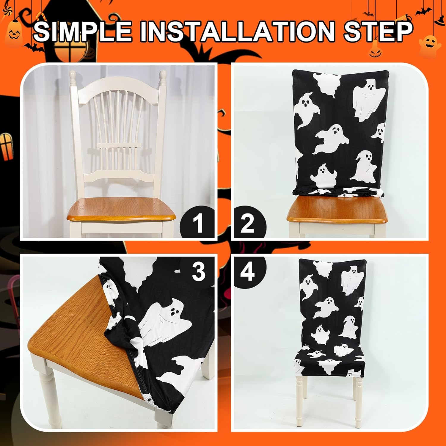 Preboun 8 Pcs 4 Styles Halloween Chair Cover Halloween Dining Chair Slipcover Spooky Chair Back Covers Stretchable Washable Chair Protective Covers for Dining Room Kitchen Office Hotel Seat Decor
