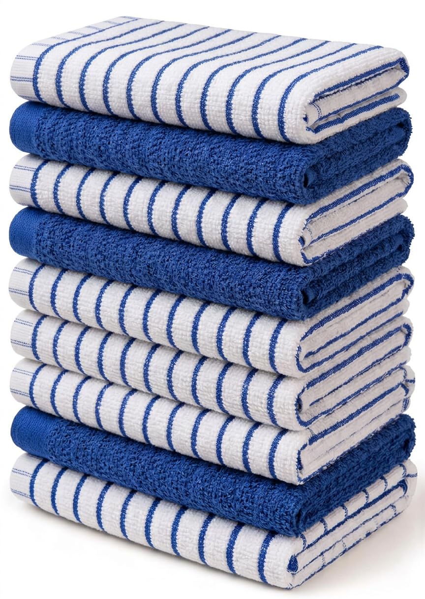 Towelogy® Blue Tea Towels for Kitchen | Pack of 9 Large 60x40cm Wonderdry Cotton Terry Dish Drying Towels | Everyday Value Multi-Pack