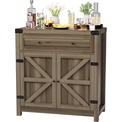 JUMMICO Coffee Bar Cabinet Farmhouse Kitchen Sideboard Buffet Cabinet with Drawer and Adjustable Shelf Barn Door Storage Cabinet for Kitchen, Dining Room, Bathroom, Entryway (Rustic Oak)