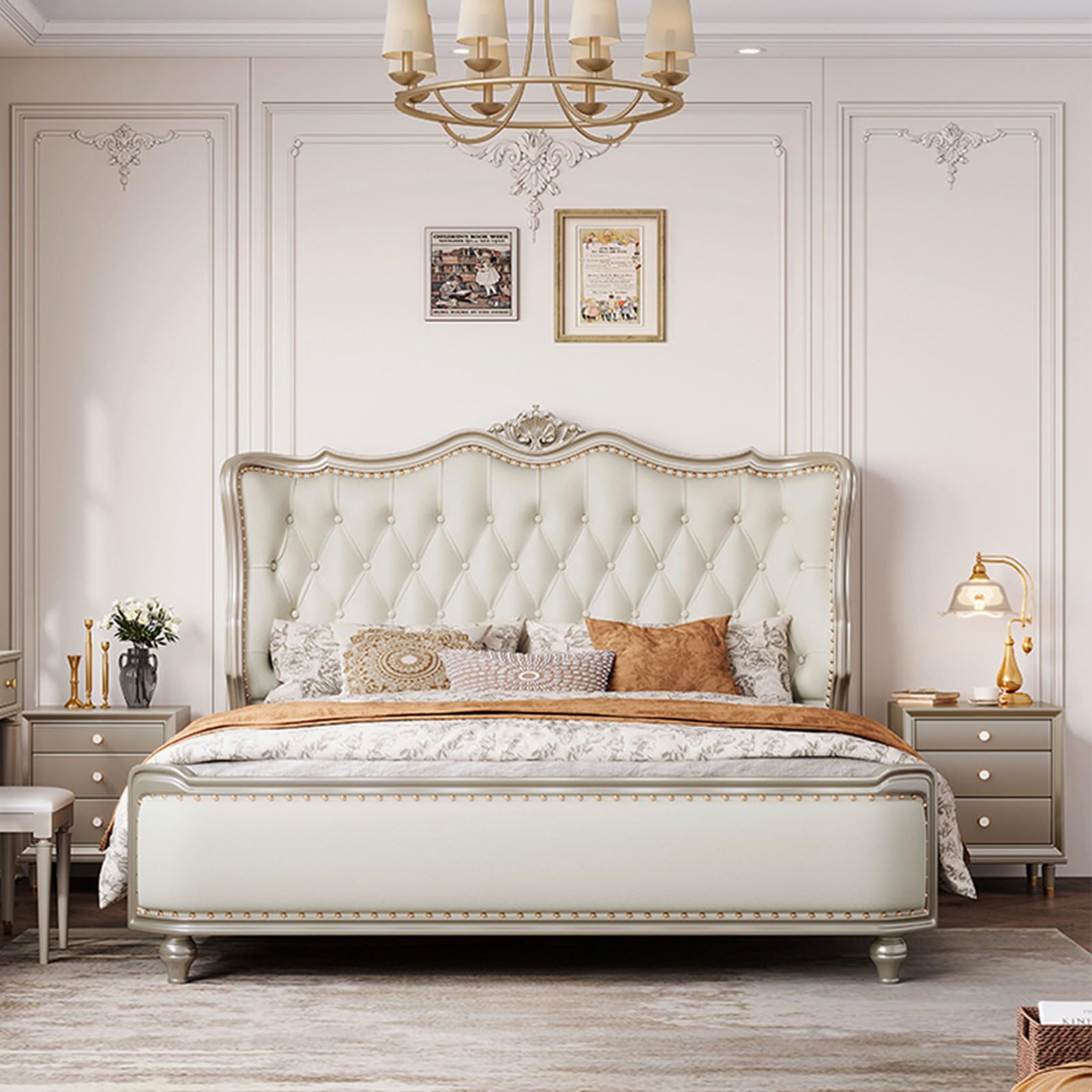 Modern King Size Genuine Leather Bed Upholstered Platform Bed Frame with Headboard and Storage Drawers No Box Spring