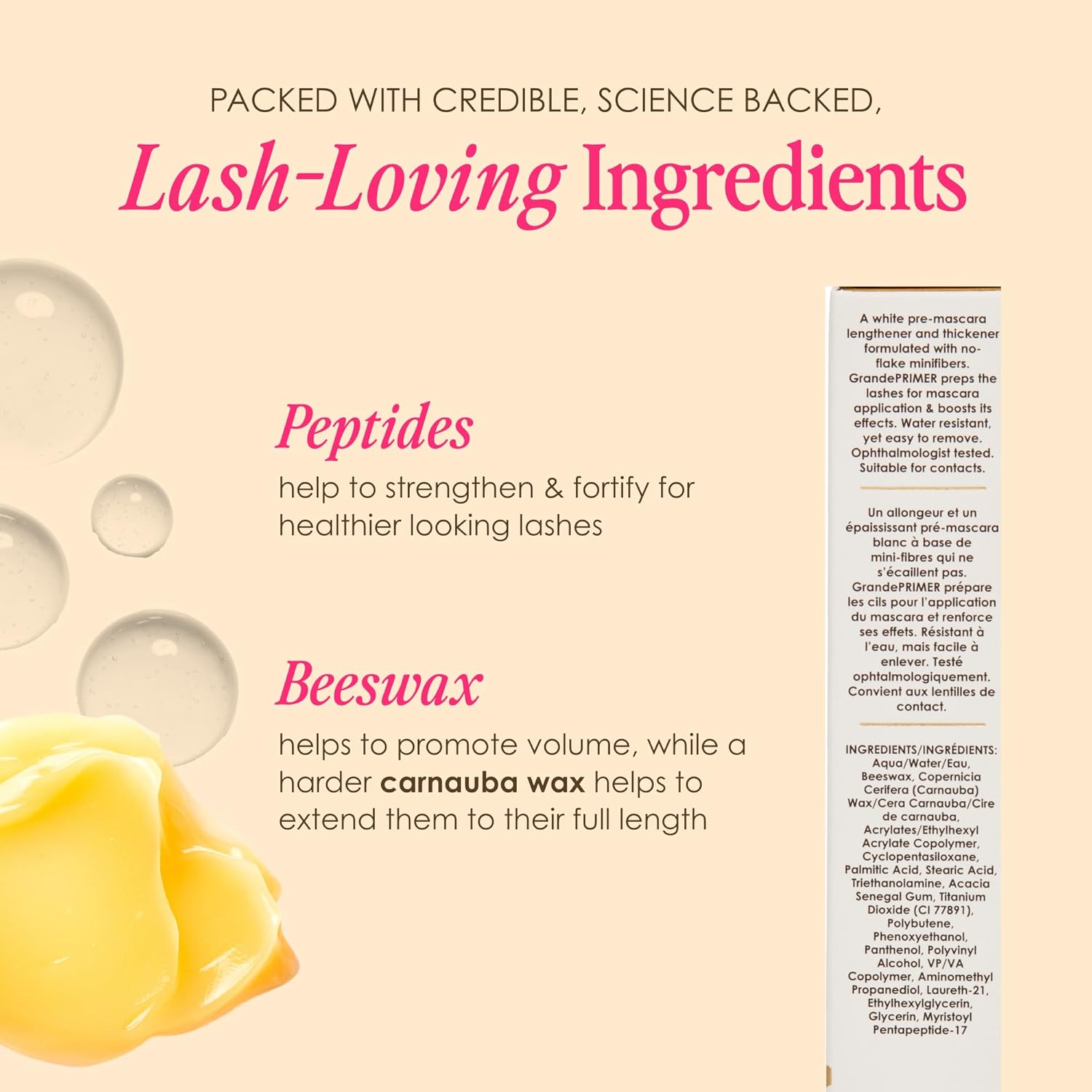 Grande Cosmetics GrandePRIMER Pre-Mascara Lengthener & Thickener with Peptides - Smudge-Proof, Water-Resistant & Contact Lens Safe - for Longer & Thicker Looking Lashes (0.32 oz)