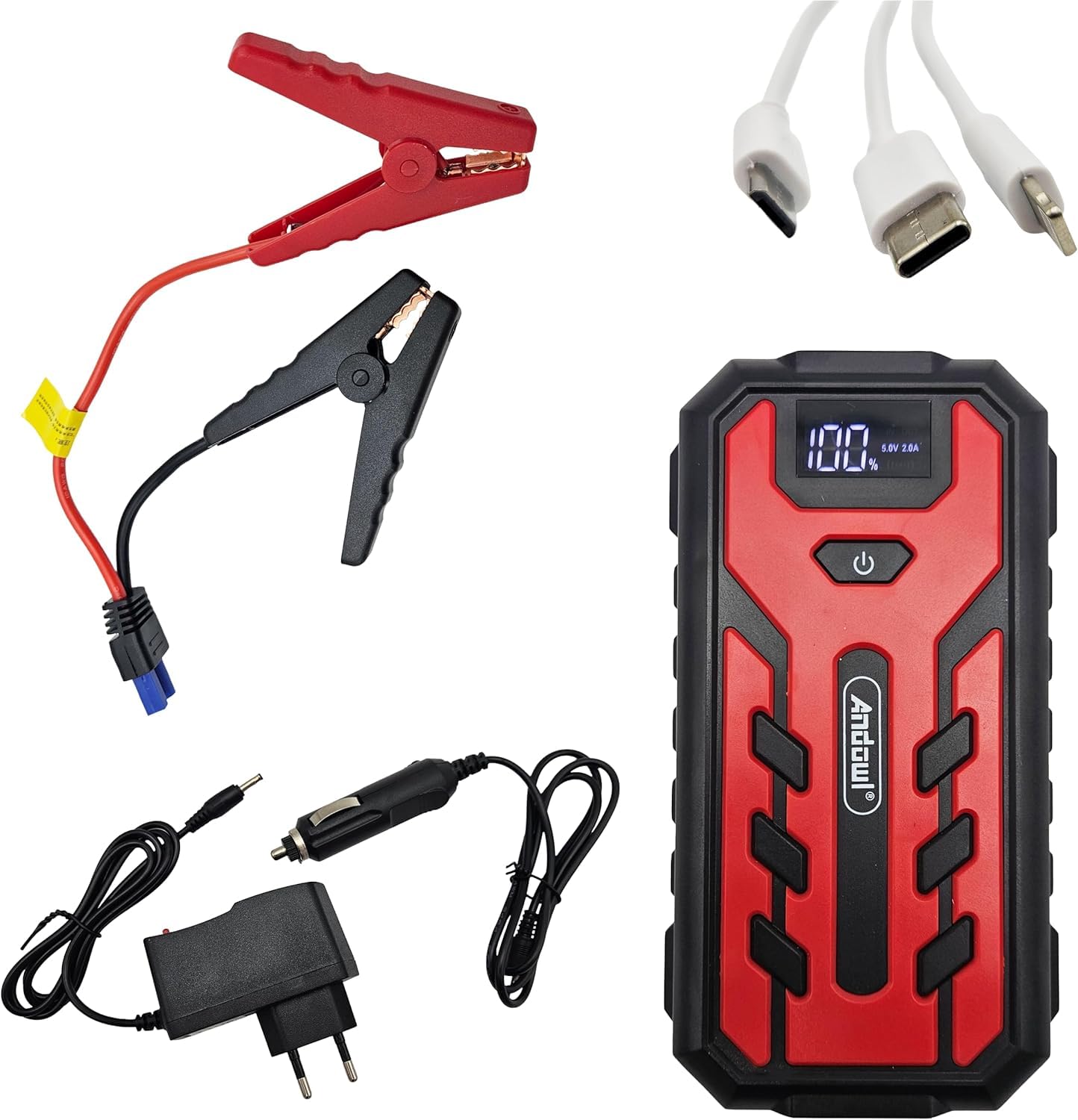 Avviatore di Emergenza Auto 12V 600A 20000mAh Powerbank Jump Starter con Display LCD e Torcia LED Booster Batteria per Auto Moto Camper Diesel e Benzina con 2 Porte USB con Valigetta e Cavi