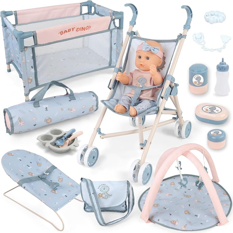 deAO 12 Inch Baby Doll Playset,Stroller,Doll Bed,Play Mat | Foldable Stroller & Travel Bag,16PCS Doll Feeding Accessories, Pretend Play Toy for 3+ Girls