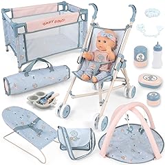 deAO Baby Doll Set,12 inch Doll Playset with Doll Stroller Crib Bed Nursery Role Play Set Accessories and Play Mat,Foldable Stroller and Travel Bag,Doll Toys for Girls