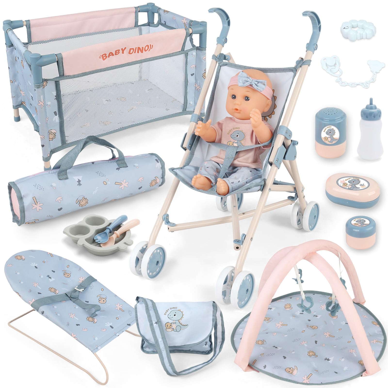 deAO 6 in 1 Baby Doll Accessories Set, Baby doll Pretend Role Playset with Dolls Cot, Dolls Pushchair,Play Mat, Swing Crib, Travel Bag for 3+ Years Old Kids Girls (Doll Included)