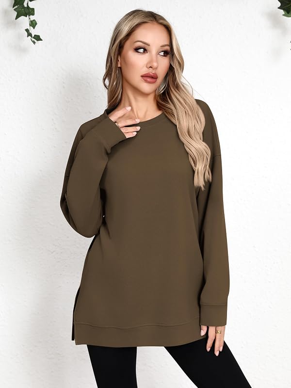 Laughido Women's Long Sleeve Crew Neck Slit Oversized Sweatshirts Pullover Loose Casual Tunic Tops 2025 Fall Clothes (Dark Coffee, XX-Large) by Laughido - Image 3