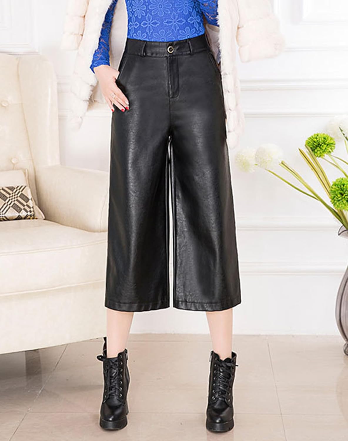 Women's High Waist Wide Leg PU Faux Leather Capri Pants Culottes