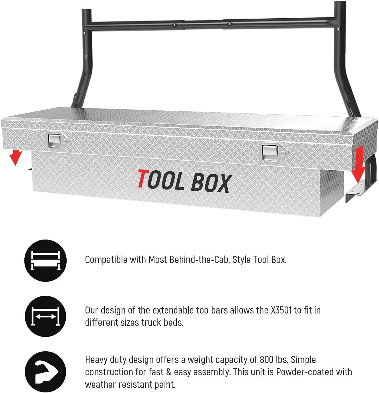 AA-Racks 800Ibs Capacity Extendable Steel Pick-Up Truck Ladder Rack Two-bar Set with Unique Design for Tool Box Mounting - Matte Black (USPTO Patent Pending)
