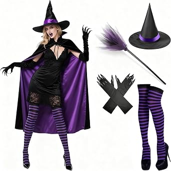 Witch Costume Set for Adults Medieval Cape Cloak Wizard Hat Gloves Broom Accessories Outfits Halloween Cosplay Parties