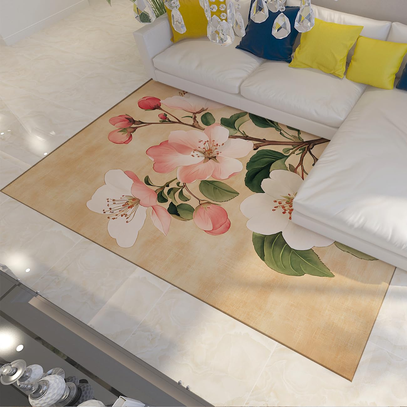 Tapis lavable antidérapant 160x200cm au motif fleurs de pommiers