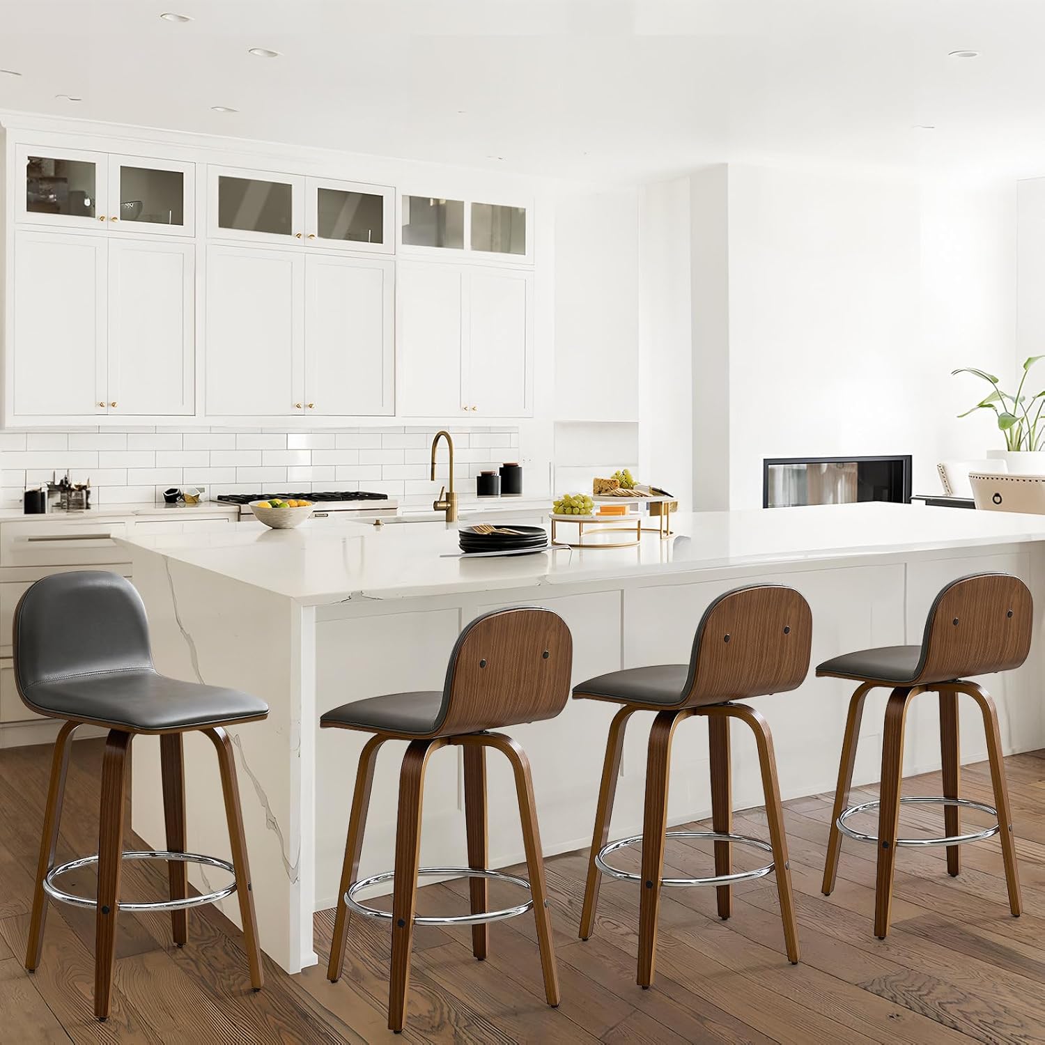 Bekrvio Swivel Counter Height Bar Stools Set of 4, 26" H Mid-Century Modern Upholstered Faux Leather Barstools with Low Back, Walnut Bentwood Legs, Counter Stools for Kitchen Island, Grey