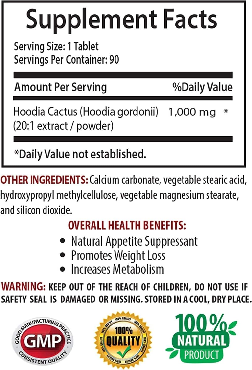 Weight Loss Pills for Women That Works Fast - HOODIA GORDONII 1000MG 20:1 Extract - Cactus Weight Loss - 1B (90 Tablets) : Health & Household