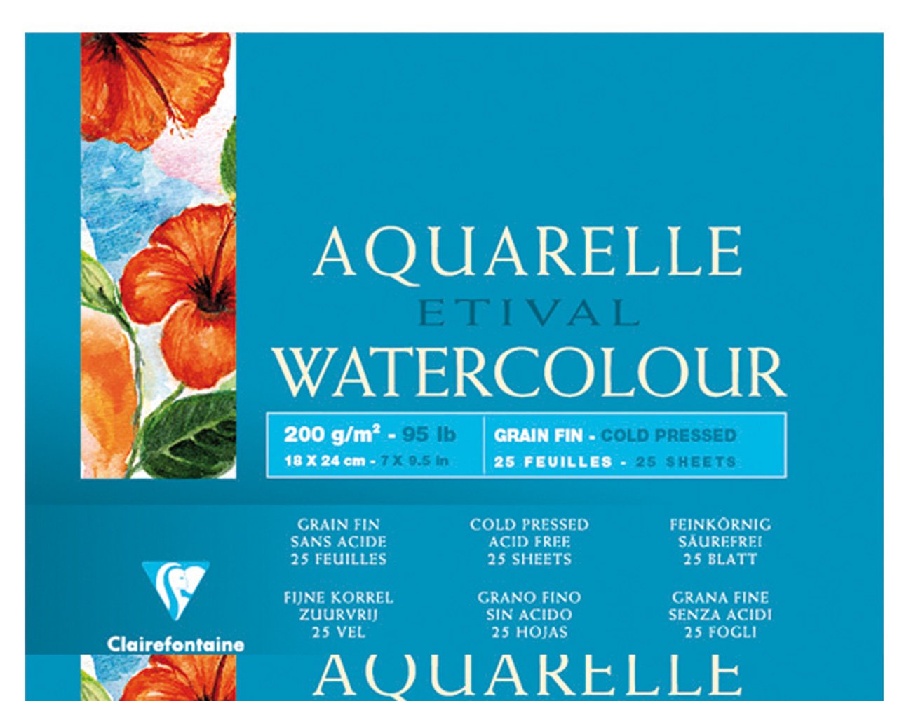 Clairefontaine - Ref 96453C - Etival Cold Pressed Glued Watercolour Painting & Drawing Pad (25 Sheets of Paper) - 18 x 24cm - 200gsm Cellulose Art Paper