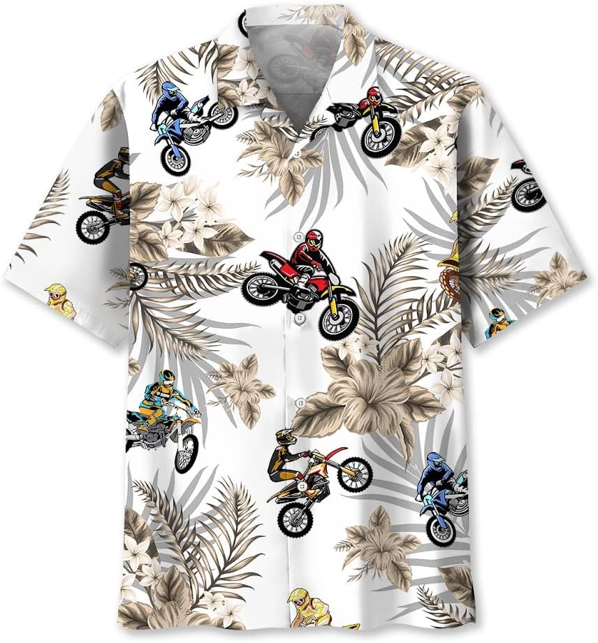 Motocross Hawaiian Shirts for Men Short Sleeve Regular Fit Aloha Beach Shirt Floral Summer Casual Button Down Shirts