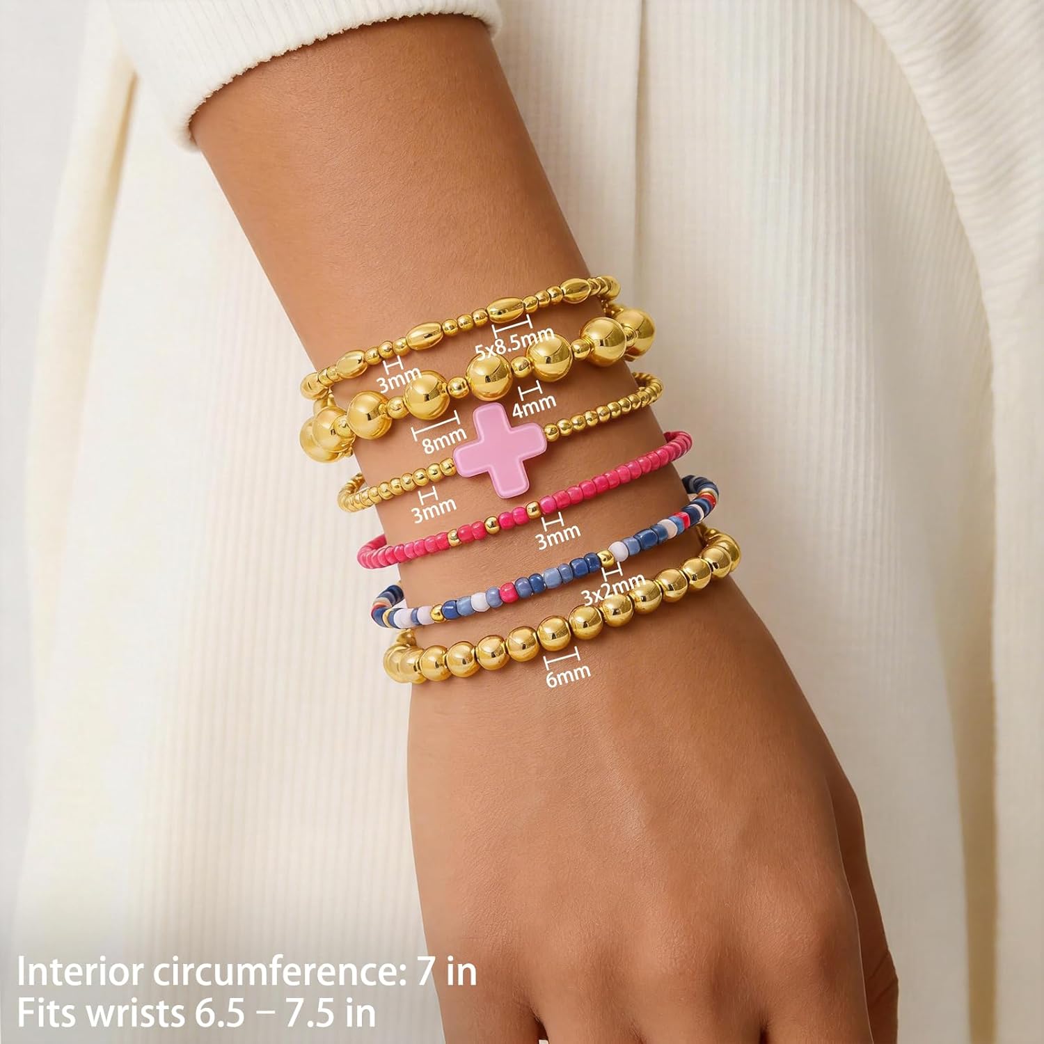 Gold Bracelets for Women Waterproof, 14K Gold Plated Beaded Cross Bracelets Set,Boho Stretch Bracelets Stackable Jewelry for Women Teenage Girls Jewelry Christmas Gifts - Image 4