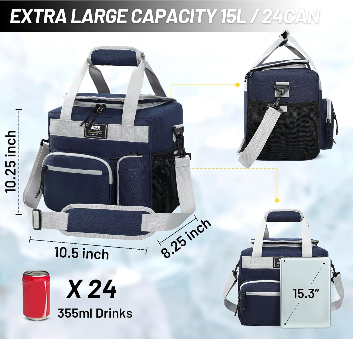 MIER Large Lunch Box for Men Women Adult Insulated Soft Sided Cooler 24 Can Leakproof Lunch Bag Collapsible for Work Travel Camping Beach, 15L (Blue-No Luggage Strap)