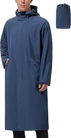 UIQUR Mens Long Waterproof Raincoat with Adjustable Wide Brim Portable Pouch Outdoor Commute Essential