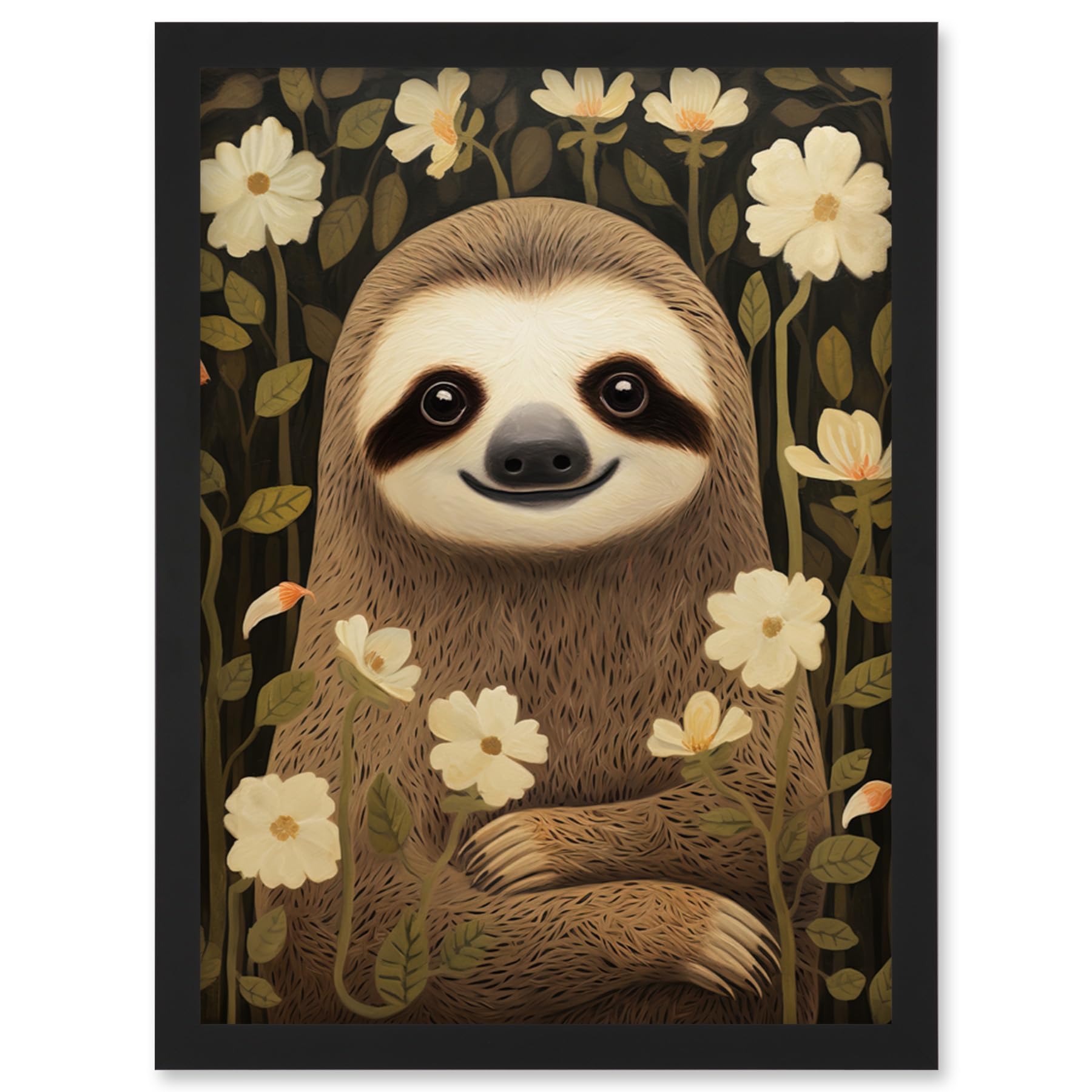 Artery8 Sloth with Jasmine and Anemone Flowers Elegant Artwork Framed Wall Art Print A4
