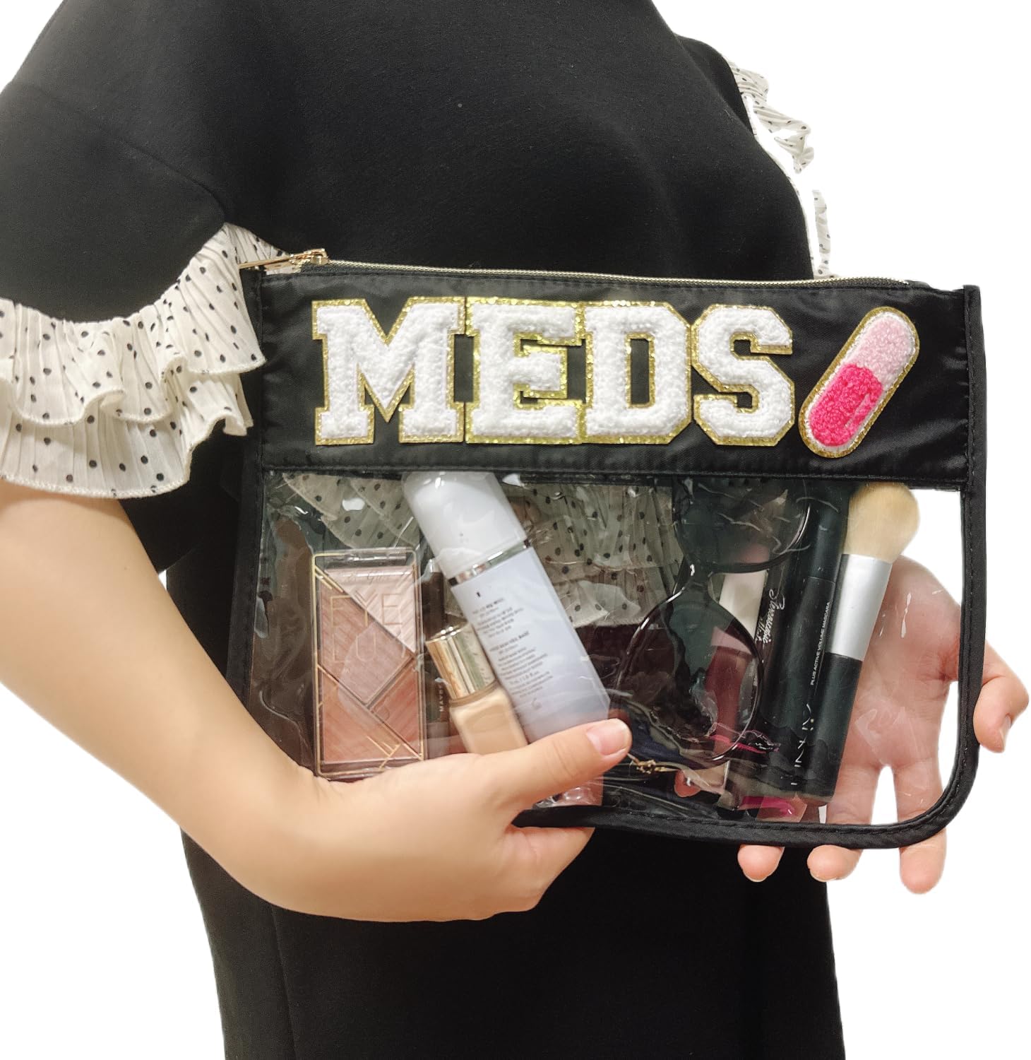 Clear Chenille Letter Makeup Bag Medicine Drug Bag Waterproof PVC&Nylon Preppy Patch Zipper Pouch Cosmetic Toiletry Travel Storage Bag for Women Girls (MEDS-black) image 5