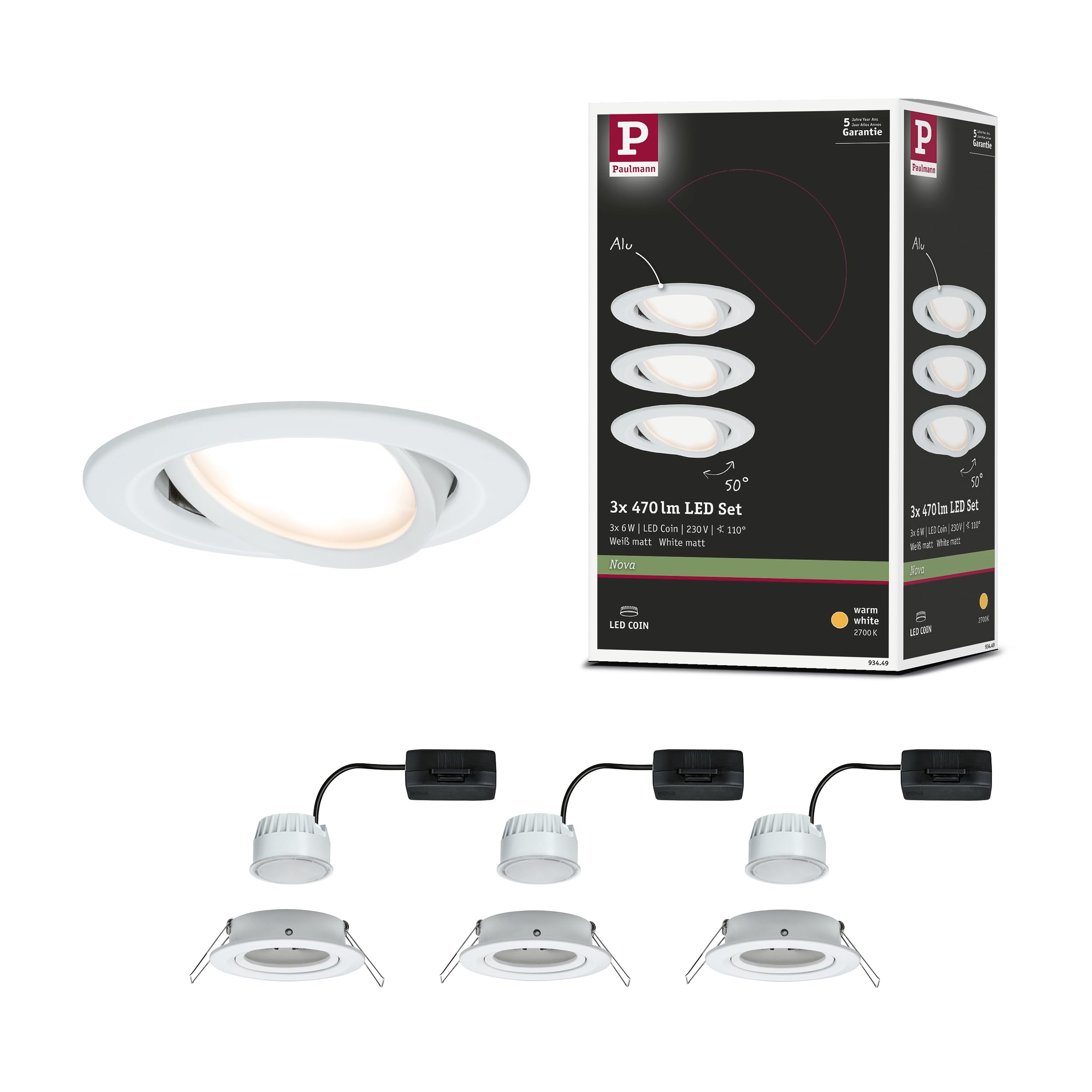 Paulmann 93449 Spots LED encastrés Nova Coin Set de base orientable rond 84 mm 50° Coin 3x6W 3x470lm 230V 2700K blanc dépoli