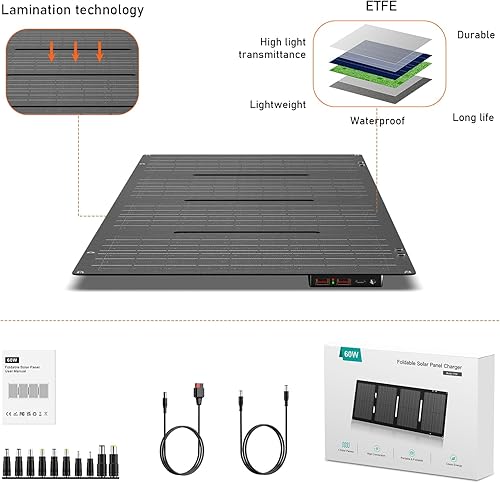 Miniatura 5 de Cargador de panel solar YT60 de 60 W, batería solar de alta eficiencia, impermeable, IP68, panel solar con salidas USB y CC para estación de energía