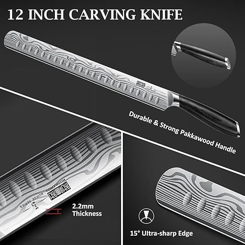 Miniatura 4 de HOSHANHO Cuchillo de trinchar de 12 pulgadas, cuchillo afilado de pechuga con mango de madera de Pakkawood, cuchillos japoneses de acero en polvo de