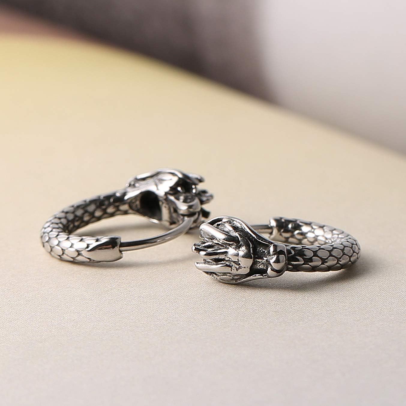 HZMAN Men Women 2pcs Punk Rock Silver Dragon Stainless Steel Perforated Round Stud Earrings Jewelry Gift (Dragon Head)