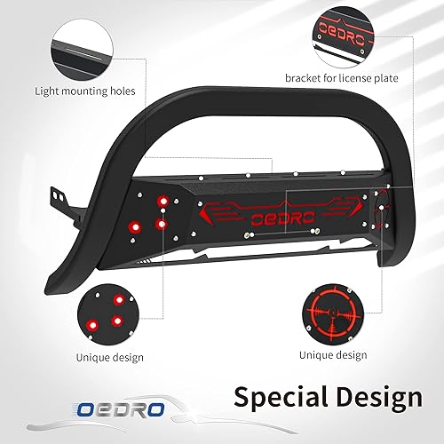 Miniatura 3 de oEdRo Red Bull Bar Fits 2019-2023 Chevy Silverado 1500GMC Sierra 1500, Pickup Front Bumper Brush Guard Textured Black, wRed Skid Plate & Light Mount