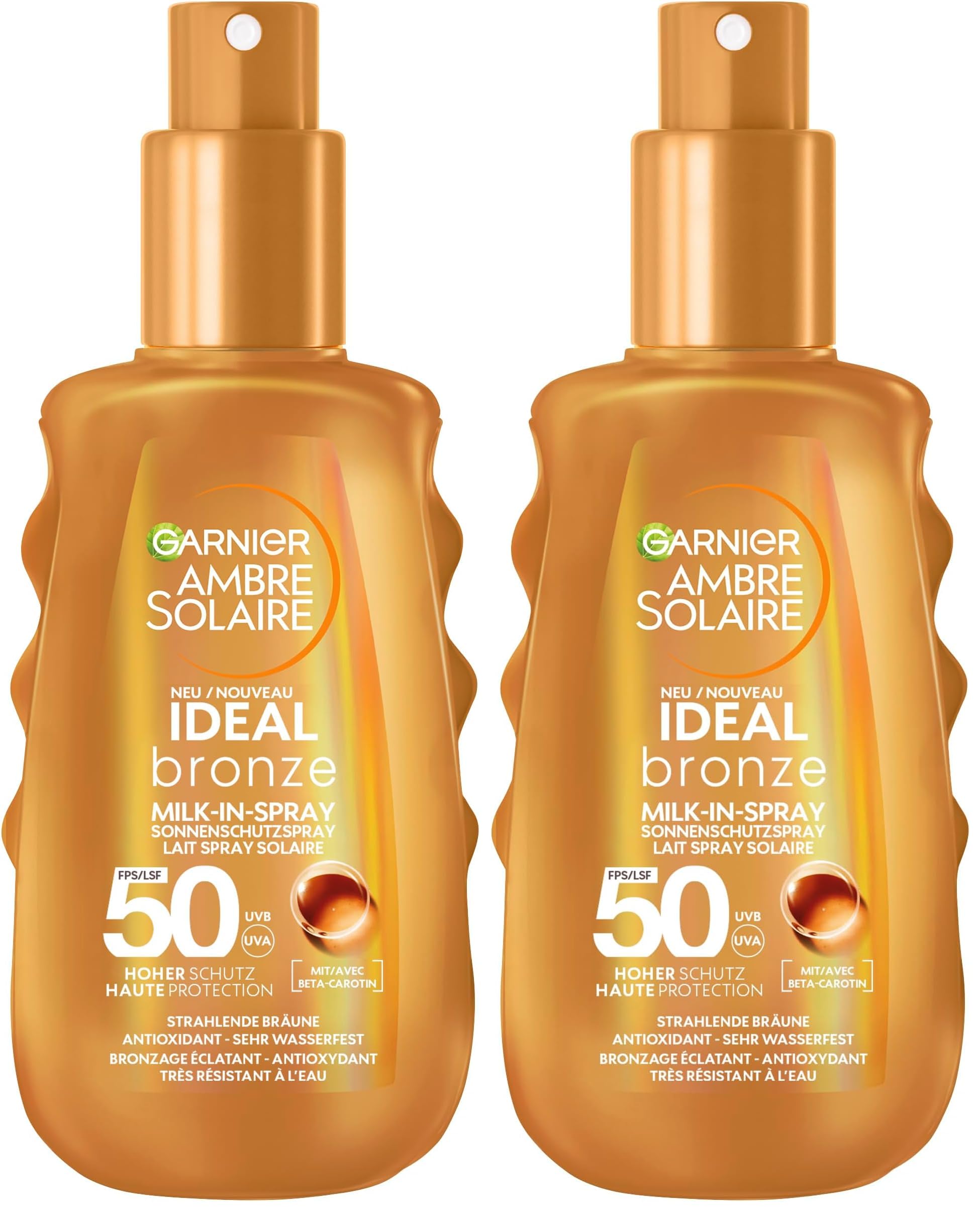 Garnier Spray solaire UV pour un bronzage radieux, très haute protection solaire SPF 50, résistant à l'eau, Ambre Solaire Ideal Bronze Milk-in Spray 150 ml (Lot de 2)
