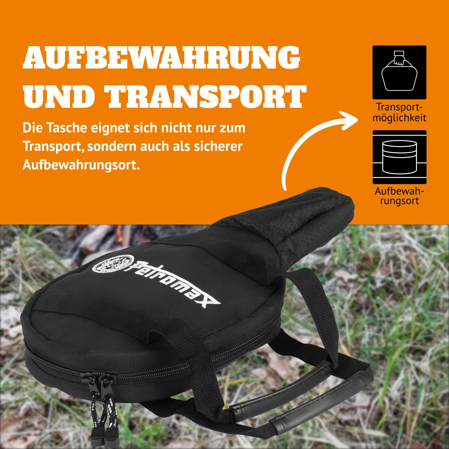 Petromax Transporttasche für Feuerpfanne FP35 - Aufbewahrungstasche aus Ripstop-Gewebe für gusseiserne Pfanne - mit Henkeln, Reißverschlusstasche und Netzeinschubtaschen für Zubehör - Schwarz