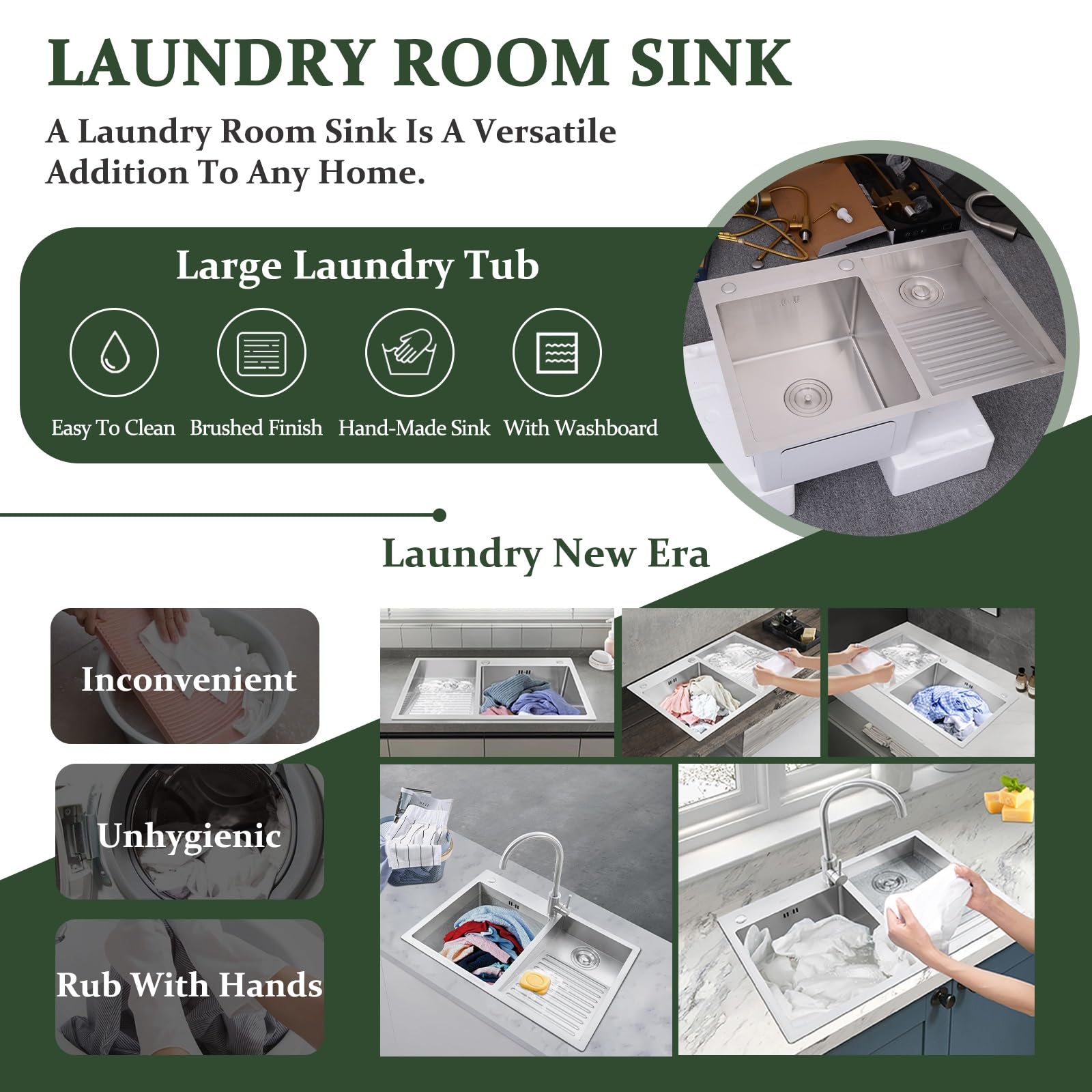 Stainless Steel Laundry Sink With Washboard – Handmade Utility Basin For Laundry Room, Workshop & Garage – Durable Brushed Finish, Deep Basin With Efficient Drainage(Left-a,60cm)