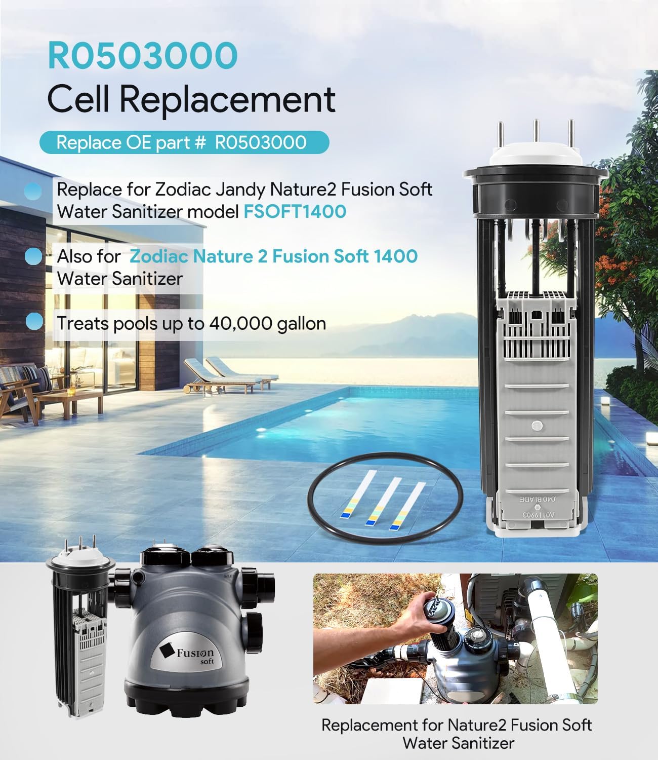Upgrade R0503000 Cell Kit Replacement for Zodiac Nature2 Fusion Soft FSOFT1400, Fit for Zodiac Jandy Nature 2 Fusion Soft 1400 Cell Kit, for Swimming Pools up to 40,000 Gallon, O-Ring Included