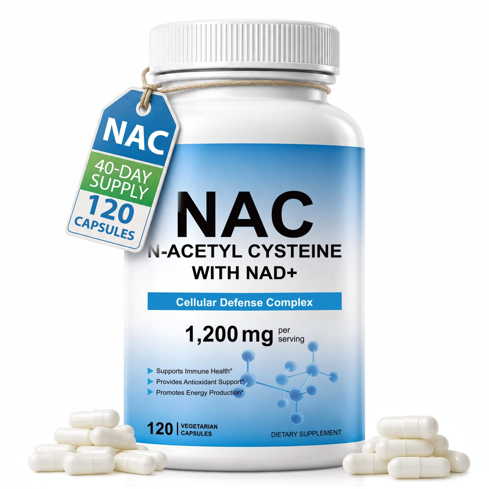 NAC Supplement 1200mg with NAD Coenzyme, N-Acetyl L-Cysteine 1150mg per Serving, Antioxidant & Cellular Wellness Support, 120 Capsules 