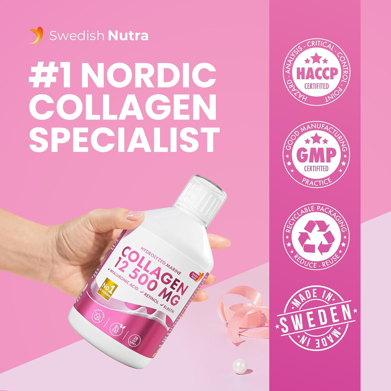 Swedish Nutra 12,500mg Liquid Marine Collagen Hydrolyzed Peptide (Type 1 & 3) | 20 Day Supply, 500 ml | Hyaluronic Acid, Biotin & Vitamins for Hair, Skin, Nails & Joints | For Men & Women | Sugar Free