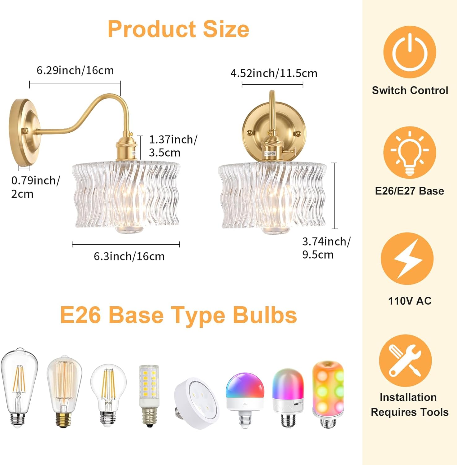 Battery Operated Wall Sconce Set of 2, Vintage Rechargeable Wall Lights with Clear Ripple Glass Shade, Wireless Indoor Wall Lamp with Remote for Bedroom Living Room Bathroom