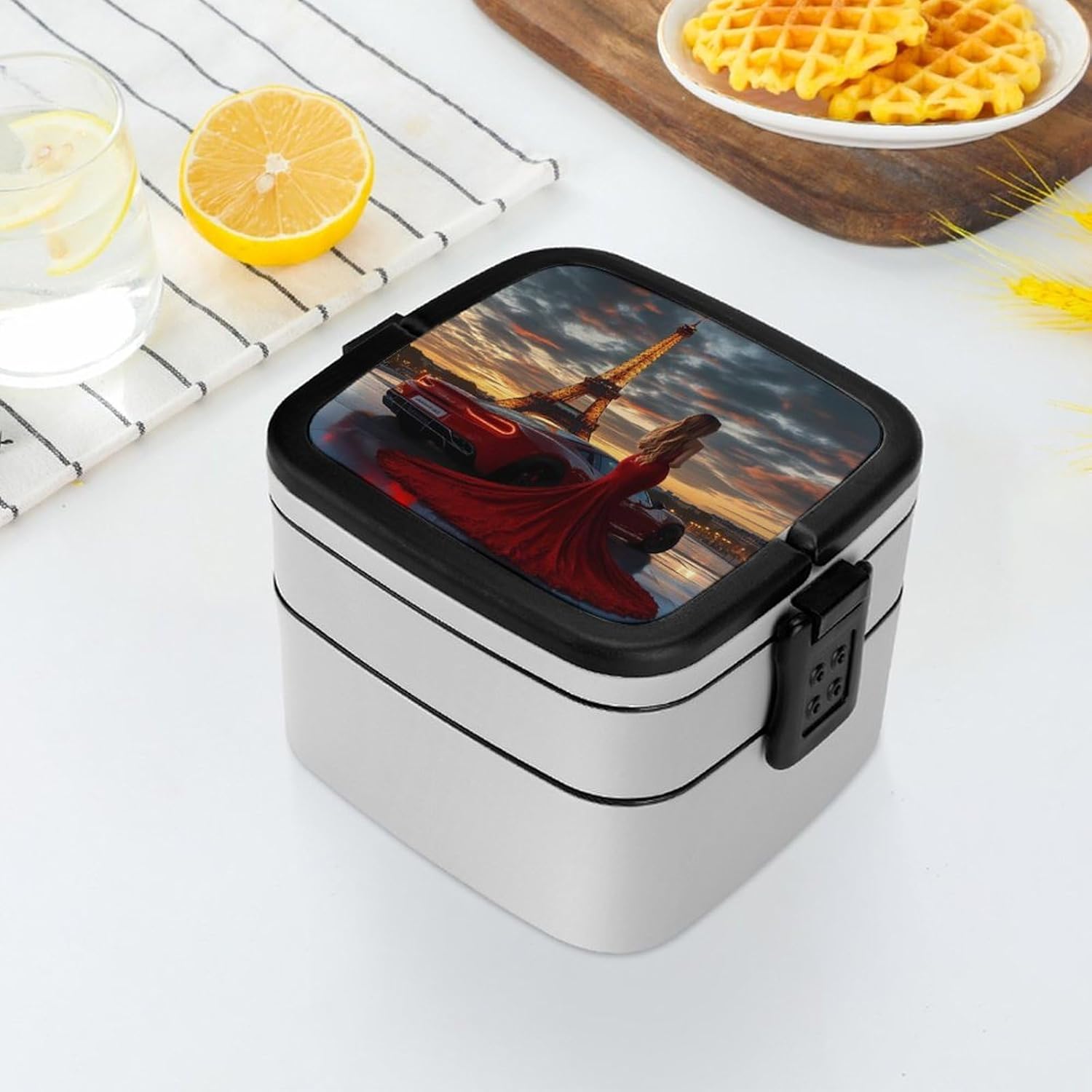 Paris Eiffel Tower Women Bento Box with Spoon 2 Layer Food Container Cute Lunch Box for Travel Dining Work